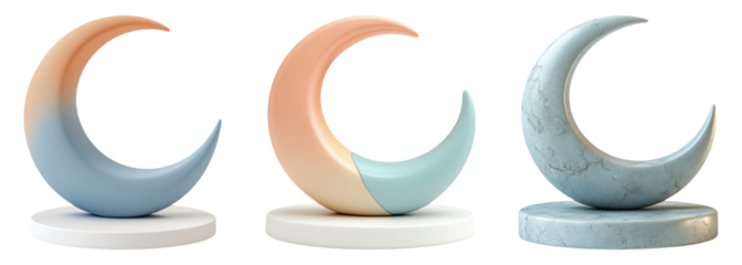 Unique Crescent Moon Sculptures in Soft Tones on White Base