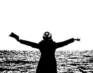 Sketch of a woman with arms outstretched on the beach