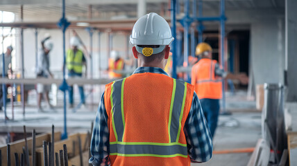 Obraz premium Construction Worker Overseeing a Busy Construction Site