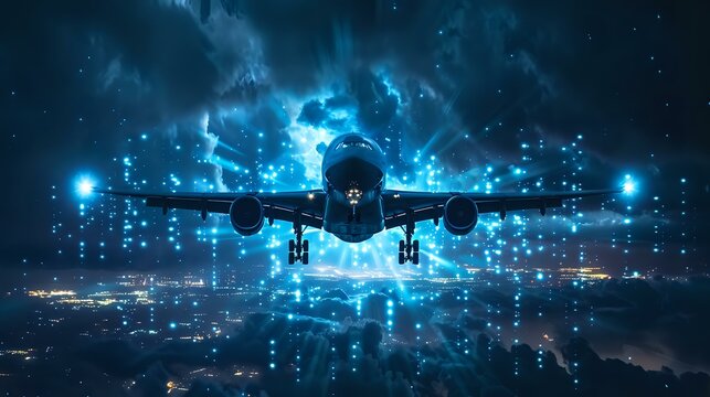 Dramatic night scene of commercial airplane flying through stormy clouds with glowing blue lightning, perfect for aviation safety, travel insurance, or transportation themes.