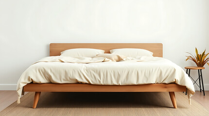 Modern Minimalist Bedroom Design with Wooden Bed and Simple Bedding. Calm and Cozy Interior Decor, Perfect for Relaxation and Sleep.