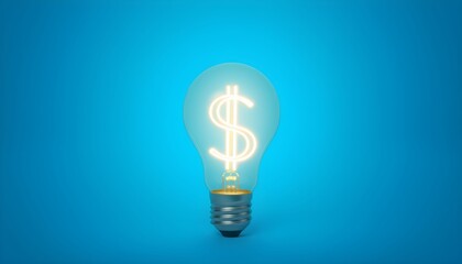Glowing dollar sign, light bulb shape, neon blue background, financial concept, bright illumination, electric money, creative finance