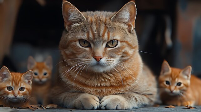 Mother cat protecting kittens outdoors, autumn leaves