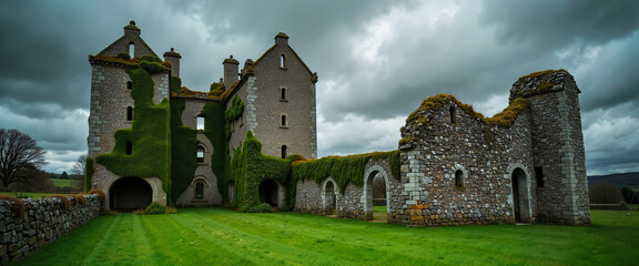 Ivy-covered ancient stone castle under stormy sky