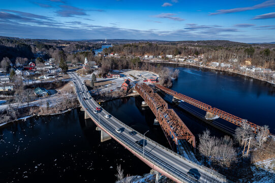 Aerial view of Hooksett, New Hampshire and the Merrimack River in winter 