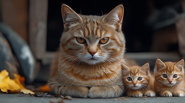 Mother cat protecting kittens outdoors autumn barn - Powered by Adobe