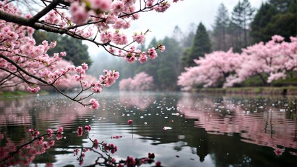 Fototapeta premium Serene landscape of cherry blossom trees reflecting in a calm lake surrounded by mist