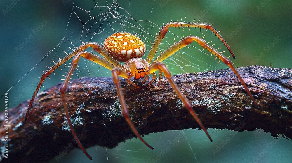 Poster a close-up of a spider on a branch, with its head positioned at the center of its web