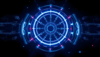Futuristic holographic interface, circular HUD display, neon blue and purple glow, digital technology, cyberpunk aesthetic, abstract geometric patterns, radial design, sci-fi user interface