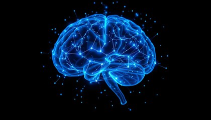 Holographic brain, glowing blue neural network, futuristic neuroscience visualization, digital brain scan, neon blue synapses, floating particles, dark background