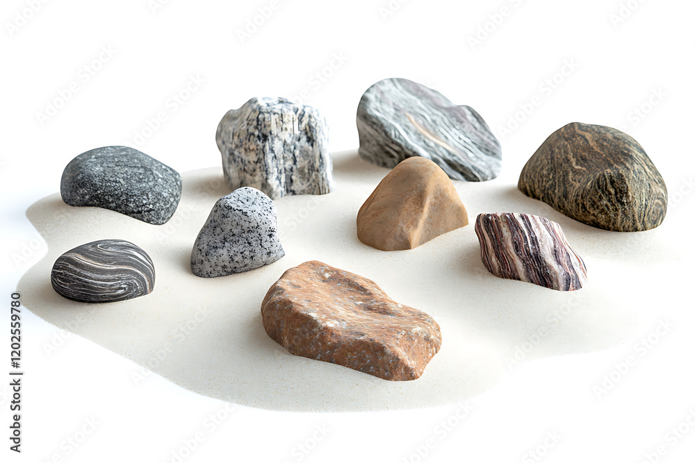 Poster varied rock formations arranged on a smooth sand surface isolated on a white background