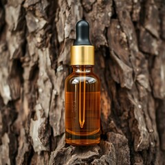 Essential oil bottle, tree bark background, amber liquid, glass dropper, natural skincare, holistic wellness, rustic aesthetic, forest aromatherapy, earthy tones, product photography