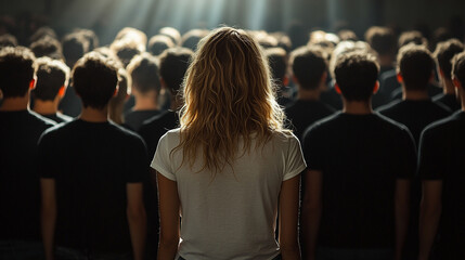A woman in a white shirt stands among a crowd of men in black shirts, symbolizing contrast in opinions, individuality, and the idea of being the chosen one amidst chaos and modern uncertainty

