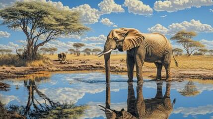Fototapeta premium Majestic elephant drinks at watering hole, African savanna landscape