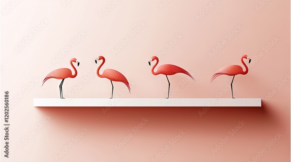 Wall mural a group of pink flamingos perched on a shelf adjacent to one another against a soft pink backdrop