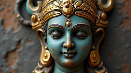Obraz premium Weathered Statue of a Hindu God with a Golden Crown, Representing Ancient Indian Culture