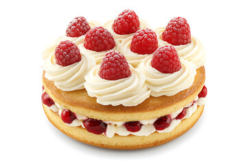 Victoria sponge cake with whipped cream and raspberries isolated on a white background