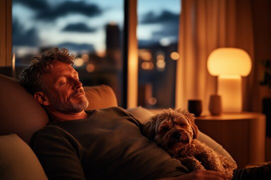 A middle-aged man reclines peacefully on a sofa with a contented small dog resting by his side.
