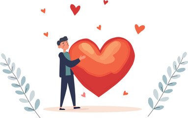 A Man holding a big heart vector illustration,valentine's day concept, cartoon man character ,standing embarking big red heart,romantic style