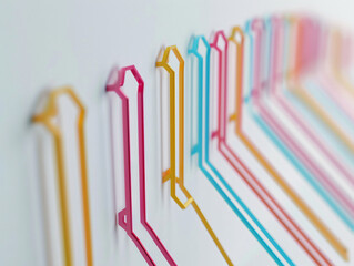 Obraz premium A set of multicolored paperclips arranged in a line on a clean, white background, creating a visually simple yet impactful design.