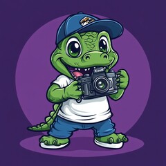 Happy crocodile photographer, taking photos, purple background, for kids' books