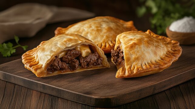 Traditional Argentine empanadas with beef and cheese. Featuring a savory and baked dish. Highlighting the texture and flavors of the empanadas. Ideal for food and cultural themes.