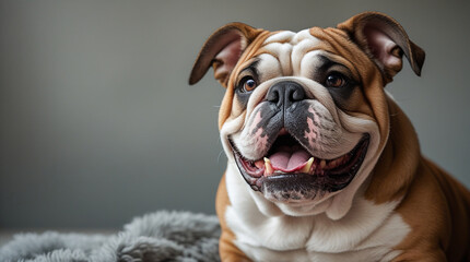 Fototapeta premium Close up portrait of a happy English Bulldog. Friendly, playful, and adorable dog breed.