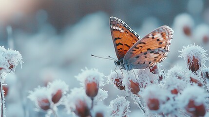 Obraz premium A butterfly rests on a flower amidst fluffy snowfall
