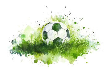 Watercolor of a soccer ball on top of a lush green field isolated on a white background
