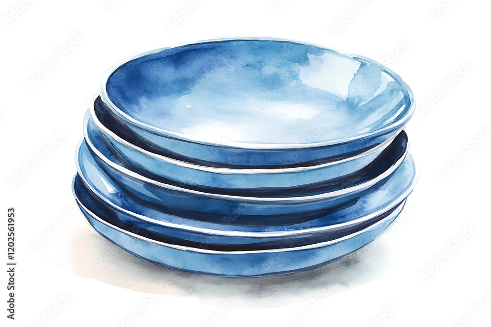 Poster watercolor stack of plates isolated on a white background