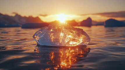 Iceberg emerging from the sea with a glowing sun ray highlighting the tip, while the massive ice structure lies beneath the ocean's surface, creating a sense of isolation and mystery

