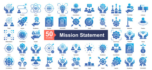 Mission Statement Icon Collection Set.Containing Mission, Purpose, Values, Vision, Core Focus, Commitment, Statement, Strategy icon. Simple glyph gradient style Vector Illustration.	
