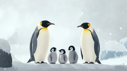 Emperor penguins with fluffy chicks in snow