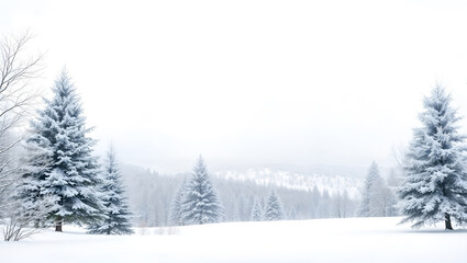 Fototapeta premium Scenic snowy landscape with evergreen trees and mountains, ideal for winter or holiday themes. Generative AI