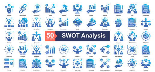 SWOT Analysis Icon Collection Set.Containing Strength, Weaknesses, Opportunity, Threat, Strategy, Business icon. Simple glyph gradient style Vector Illustration.	