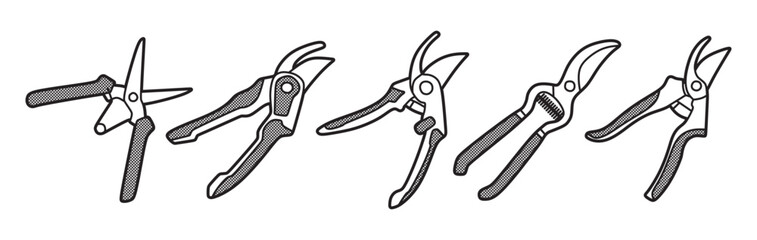 black and white image, vector, five plant shears