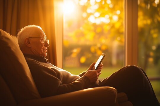 An elderly man sitting comfortably in a warm, sunlit living room, engrossed in using his smartphone. 
