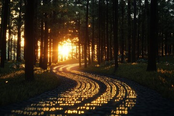 Digital road with flowing binary code in sunset forest, symbolizing fast data transfer technology