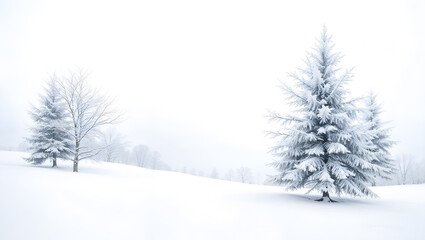 Scenic snowy landscape with evergreen trees and mountains, ideal for winter or holiday themes. Generative AI