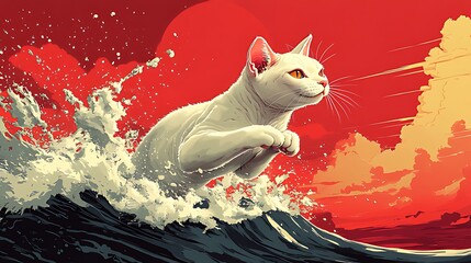White cat surfing wave, sunset ocean backdrop, digital art