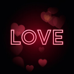Neon glowing text "LOVE" with heart overlays on a dark background.