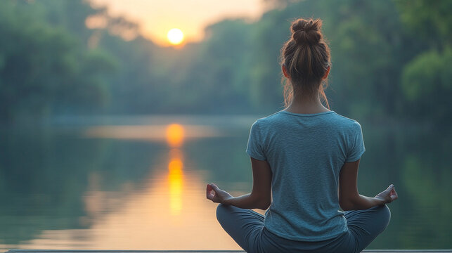 A woman meditating in peaceful solitude at sunset with a blurred background, symbolizing calmness, reflection, and inner peace with open space for inspiration

