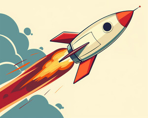 Fototapeta premium Retro Rocket Illustration with Flames and Smoke Trail for Space Exploration and Technology Themes