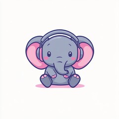 Fototapeta premium Cute elephant listening music, headphones, white background, children's illustration