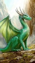 Majestic Green Dragon Surveying the Wide Valley Under a Clear Blue Sky