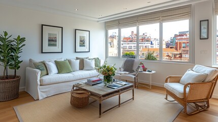 Fototapeta premium Bright living room with city view, sofa, armchair, and natural light.