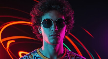 Stylish man in sunglasses on a bright background illuminated by neon light