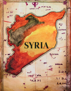 A stylized map of Syria with various city names and regions labeled in different fonts and colors, showcasing a creative representation of the country Generative AI