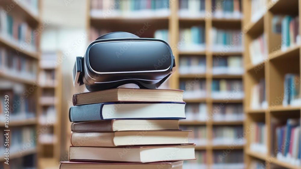 Poster vr headset rests on a stack of books in a library. (1)