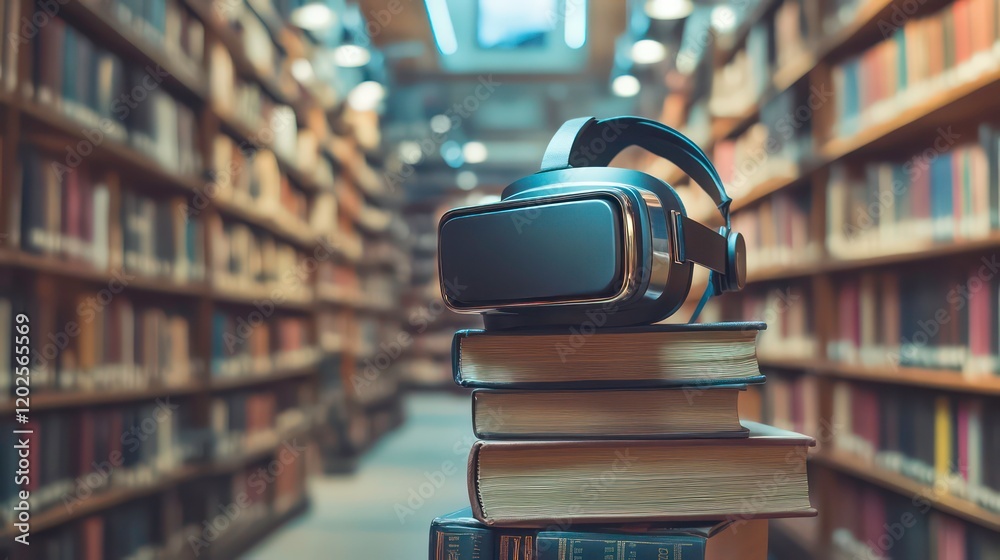 Poster vr headset rests on books in a library; future of learning concept.
